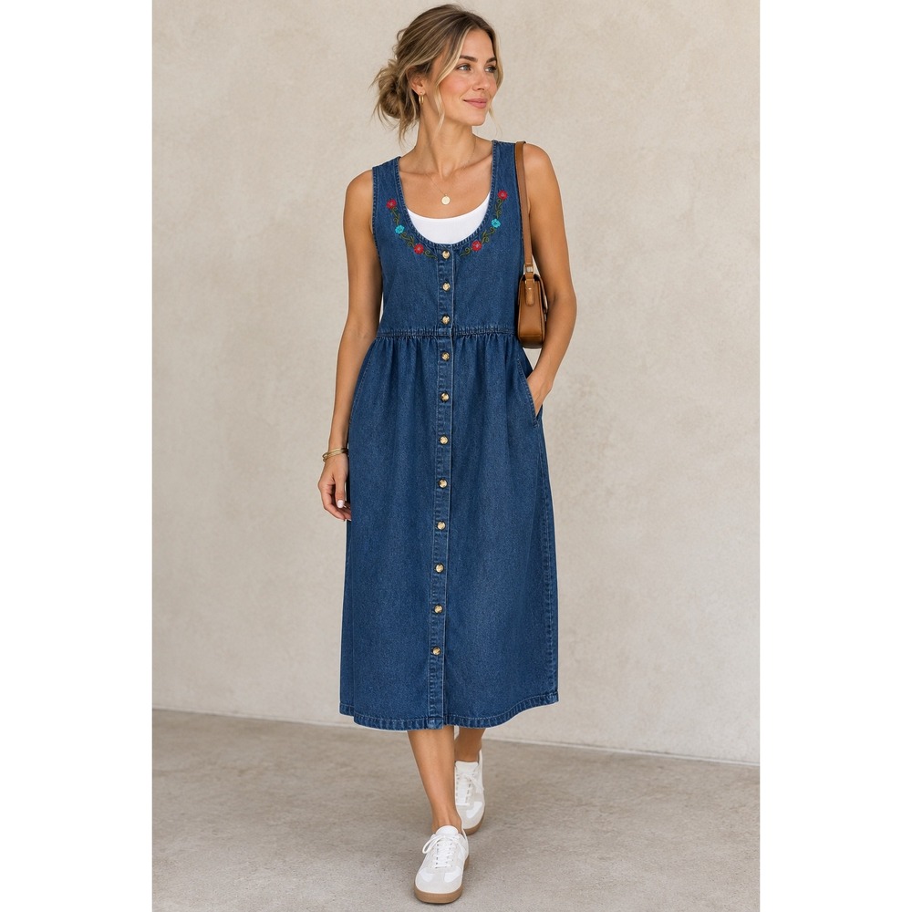 Vintage 90s Embroidered Cottagecore Coquette Teachercore Denim Jumper Dress L